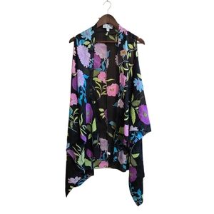 The Look Womens Sheer Kimono‎ 1 Size Sleeveless Black Floral Open Front